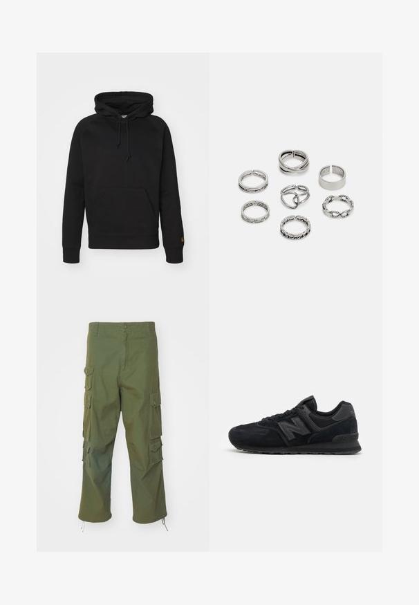 Sort hættejakke i blødt stof, med en frontlomme, justerbar snor og ribbede manchetter. Glat tekstur med minimal detaljer.; Olivenfarvede cargo bukser lavet af bomuld, med sidelommer, knaplukning, lige pasform og justerbare afslutninger for en tilpasselig længde.; Sorte ruskind- og net-træningssko med en tekstureret overdel, polstret krave, flade snørebånd og en grå logoaccent på siden.; Sæt af syv sølvringe med forskellige designs, herunder snoede, sammenkoblede og graverede mønstre. Forskellige former og bredder.