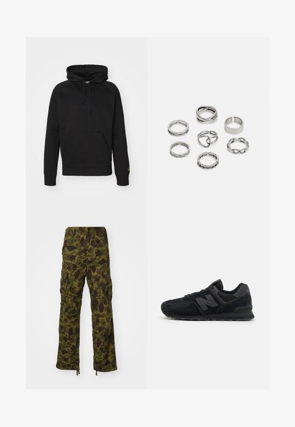 Mustat hupparit pehmeästä kankaasta, jossa on etutasku, säädettävä nauha ja ribbaatut hihansuut. Sujuva pinta, jossa on minimaalinen yksityiskohdat.; Carhartt WIP DUCK PANT - Reisitaskuhousut - green/office green; Juoksukengät mustasta mokasta ja verkosta, joissa on teksturoitu päällinen, pehmustettu kaulus, litteät nauhat ja harmaa logo korostus sivussa.; Setti seitsemän hopeasormusta, joissa on erilaisia muotoiluja, kuten kierrettyjä, linkitettyjä ja kaiverruksilla varustettuja kuvioita. Eri muotoja ja leveydet.