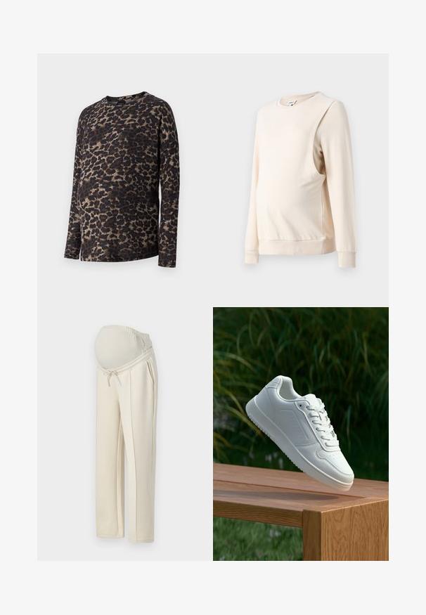 Beež rasedus-sviiter pikkade varrukatega, ümar kaelus ja külgpanel, mis mahutab kasvava kõhu. Sile puuvillane kangas ribatud äärega.; Pikendatud varrukatega top, millel on leopardimuster, ümar kaelus ja pehme kangas. Peamised värvid on must ja pruun koos heledate beežide aktsentidega.; Helebeežid rasedus püksid veniva vöökohtadega, nööridisainiga ja kahe küljetaskuga. Valmistatud pehmest ja venivast kangast.; Valged sneakerd, millel on sile sünteetiline ülemine osa, väikeste aukudega varvaskast, lamedad paelad ja tekstuuriga tald, eksponeeritud puidust pinnal.
