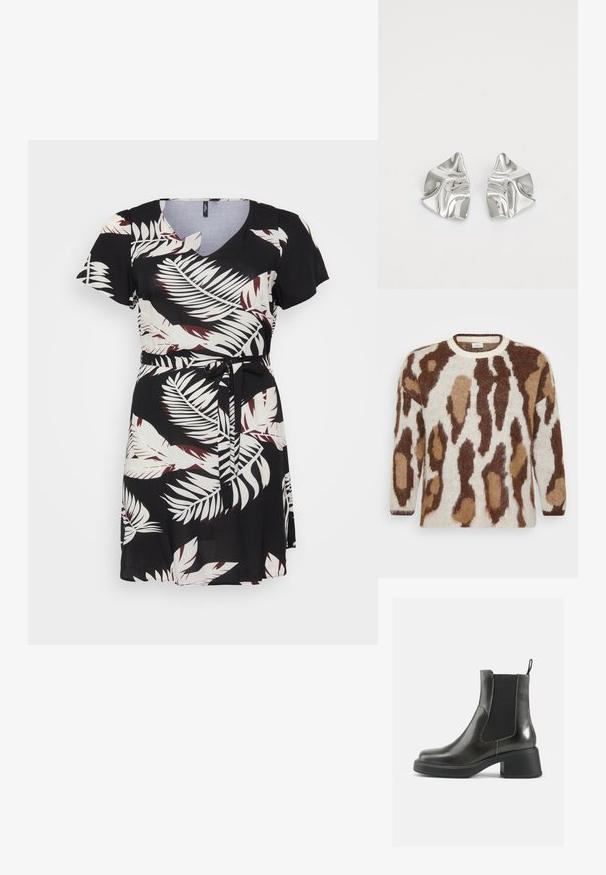 Strikkegenser med en kremfarget base og brune og tan dyremønstre. Rund halsutringning, lange ermer, myk tekstur og løs passform.; Svart kjole med kort ermer, V-hals og belte i midjen. Har et mønster av hvite og kastanje-fargede palmeblader på glatt stoff.; Sorte ankelstøvler i svart lær med glatt overflate, elastiske sidepaneler og en kraftig hæl. Har en løftestrop for enklere påkledning.; Sølvmetall øredobber med et bølgete, skulpturelt design, preget av en polert finish og uregelmessige former, som fremhever en moderne estetikk.