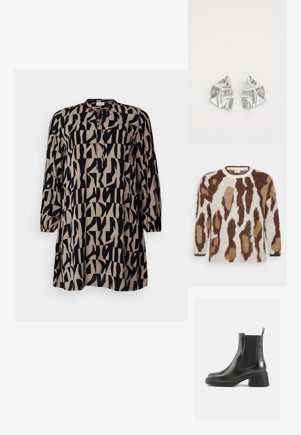 Suéter de malha com base creme e padrão de animais em castanho e bege. Decote redondo, mangas longas, textura suave e corte descontraído.; Túnica longa em bege claro com padrão geométrico abstrato em preto, gola redonda, mangas três quartos e um corte solto. O tecido parece texturizado.; Botas de tornozelo em couro negro com um acabamento liso, painéis laterais elásticos e um salto robusto. Apresentam uma alça na parte de trás para facilitar o calçar.; Brincos de metal prateado com um design ondulante e escultural, apresentando um acabamento polido e formas irregulares, destacando uma estética contemporânea.