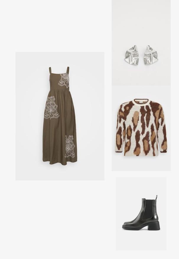 Kootud sviiter, millel on kreemjas alus ja pruunikad ning beežid loomiprindid. Ümar kaelus, pikad varrukad, pehme tekstuur ja vabalt istuv lõige.; Khaki maxi kleit, millel on ees valged lillemustrid, õhukeste õlapaeltega ning voolava A-lõikega seelik.; Mustad musta nahast pahkluu saapad siledast viimistlusest, elastsete külgpanelidega ja jämeda kontsaga. Omavad tõmbenööri, et neid oleks lihtsam jalga panna.; Hõbedased metallkõrvarõngad lainelise, skulpturaalse disainiga, millel on poleeritud viimistlus ja ebaregulaarsed kujundid, rõhutades kaasaegset esteetikat.