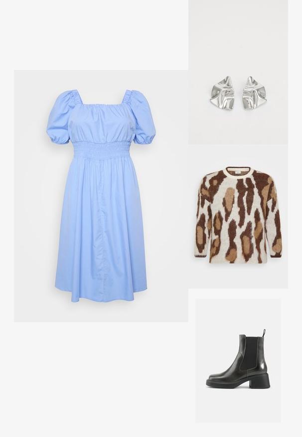Knit sweater featuring a cream base with brown and tan animal print. Round neckline, long sleeves, soft texture, and relaxed fit.; Light blue dress with a square neckline, puff sleeves, and a smocked waist. The fabric is smooth with a flowing skirt design.; Black leather ankle boots with a smooth finish, elastic side panels, and a chunky heel. Features a pull tab for easier wear.; Silver metal earrings with a wavy, sculptural design featuring a polished finish and irregular shapes, highlighting a contemporary aesthetic.