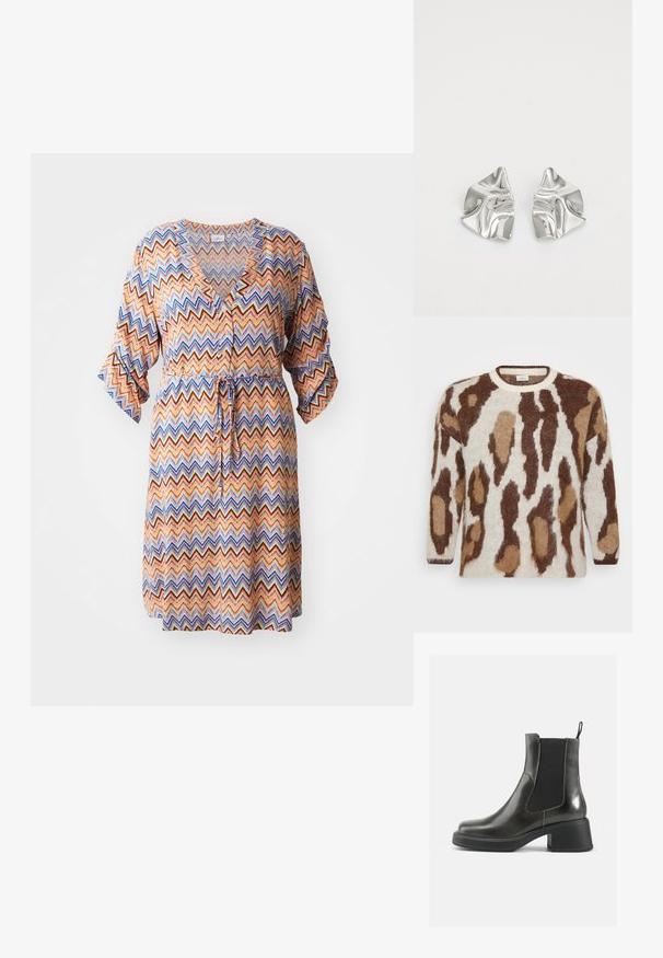 Pulover tricotat, cu o bază crem și imprimeu de animale în nuanțe de maro și bej. Decolteu rotund, mâneci lungi, textură moale și croială lejeră.; Rochie cu model în zigzag în nuanțe de portocaliu, albastru și crem, cu decolteu în V, mâneci trei sferturi și talie legată.; Botine negre din piele cu un finisaj neted, panouri laterale elastice și un toc gros. Au un punct de sprijin pentru a fi mai ușor de încălțat.; Cercei din metal argintiu cu un design sculptural ondulat, prezentând o finisare lucioasă și forme neregulate, evidențiind o estetică contemporană.