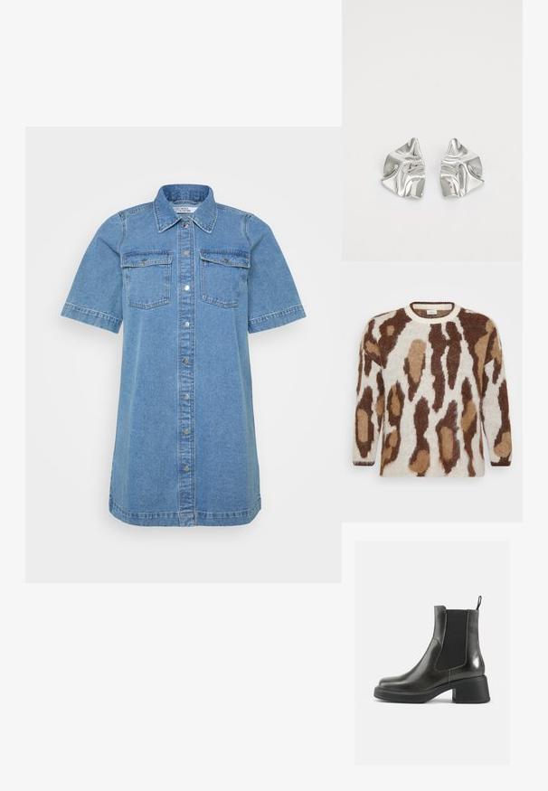 Pletena jopica z osnovno kremo barvo in rjavimi ter svetlo rjavimi živalskimi vzorci. Okrogli izrez, dolgi rokavi, mehak material in sproščen kroj.; Denim srajčna obleka v svetlo modri barvi, z ovratnikom, kratkimi rokavi, dvema žepoma na prsih in zapenjanjem spredaj s gumbi. Gladka tekstura.; Črne usnjene gležnjarje z gladko površino, elastičnimi stranskimi paneli in masivnim petami. Imajo praktično zanko za lažje obuvanje.; Srebrni kovinski uhani z valovitim, skulpturalnim dizajnom, ki se ponašajo s poliranim zaključkom in nerednimi oblikami, kar poudarja sodobno estetiko.