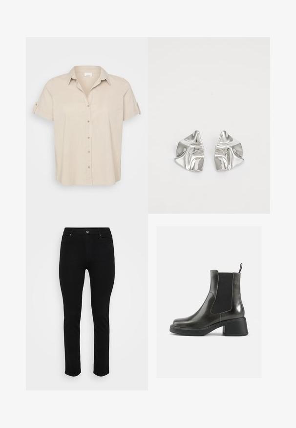 Megztinis su kreminiu pagrindu ir rudu bei smėlio spalvos gyvūnų raštu. Apvalus iškirpimas, ilgomis rankovėmis, minkšta tekstūra ir laisvas siluetas.; Bežinė trumparaštė marškinė su smailiu apykakle, mygtukų užsegimu priekyje ir susuktomis rankovėmis. Pagaminta iš lengvos, tekstūruotos medžiagos.; Juodi džinsai su siauru pasisekimu, penkių kišenių dizainu, priekiniais užsegimais ir šiek tiek tampri, kad būtų patogiau. Lygus, švelnus paviršius su minimaliais dekoratyviais elementais.; Juodos odinės kulkšninių botai su lygia apdaila, elastingais šonais ir storu kulnu. Yra vilkimo kilpa, skirta patogesniam apsiaustui.; Sidabriniai metaliniai Auskarai su banginiu, skulptūriniu dizainu, pasižymintys poliruotu paviršiumi ir nereguliariomis formomis, išryškinančiomis šiuolaikišką estetiką.