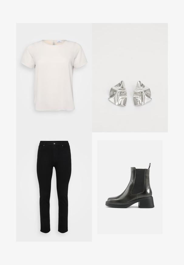 Strickpullover mit cremefarbener Basis und braunem sowie beigem Tiermotiv. Runder Halsausschnitt, lange Ärmel, weicher Stoff und lockere Passform.; Kurzärmliges, rundenekeliges Oberteil aus hellbeigem Stoff mit glatter Textur; verfügt über ein Schlüsselloch-Detail im Rücken und eine lockere Passform.; Schwarze Jeans aus Denim mit schlanker Passform, Fünf-Taschen-Design, vorderer Knopfverschluss und leichtem Stretch für Komfort. Flache, glatte Textur mit minimalen Details.; Schwarze Leder-Ankle-Boots mit glatter Oberfläche, elastischen Seitenpanelen und einem massiven Absatz. Sie verfügen über eine Zugschlaufe für einfaches Anziehen.; Silberne Metallohrringe mit einem wellenförmigen, skulpturalen Design, das eine polierte Oberfläche und unregelmäßige Formen aufweist, die eine zeitgenössische Ästhetik betonen.