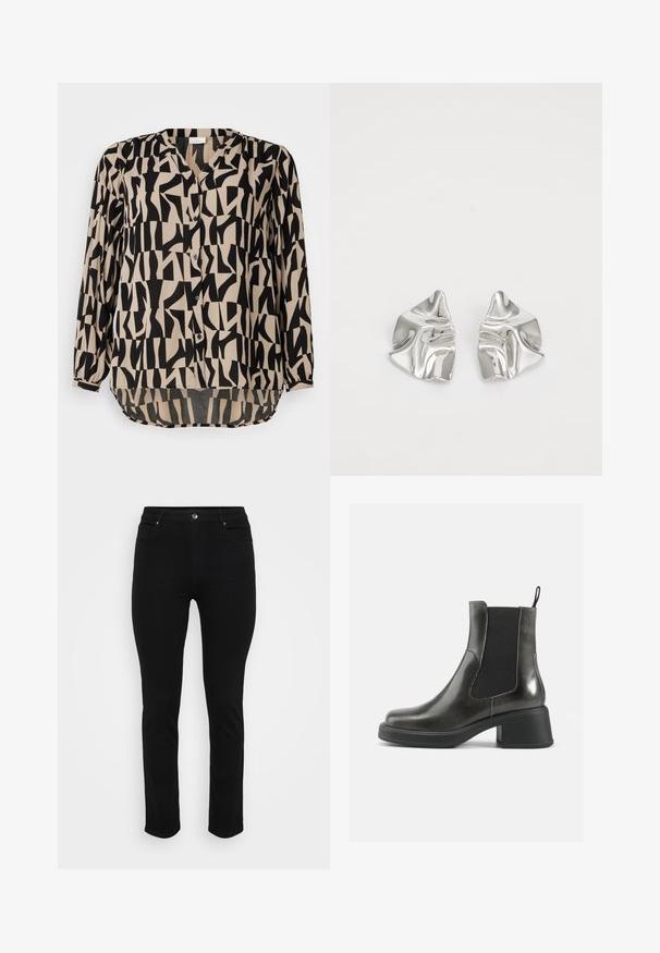 Suéter de malha com base creme e padrão de animais em castanho e bege. Decote redondo, mangas longas, textura suave e corte descontraído.; Blusa padrão preta e bege com decote em V, frente com botões, mangas longas e uma bainha ligeiramente curva. Tecido macio e leve.; Jeans de ganga pretos com um corte slim, design de cinco bolsos, fecho frontal por botão e ligeira elasticidade para conforto. Textura lisa e plana com detalhes mínimos.; Botas de tornozelo em couro negro com um acabamento liso, painéis laterais elásticos e um salto robusto. Apresentam uma alça na parte de trás para facilitar o calçar.; Brincos de metal prateado com um design ondulante e escultural, apresentando um acabamento polido e formas irregulares, destacando uma estética contemporânea.