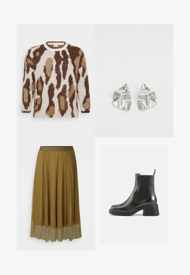 Knit sweater featuring a cream base with brown and tan animal print. Round neckline, long sleeves, soft texture, and relaxed fit.; Pleated olive-green skirt with a solid waistband and translucent lower layer. Features vertical pleats throughout its length.; Black leather ankle boots with a smooth finish, elastic side panels, and a chunky heel. Features a pull tab for easier wear.; Silver metal earrings with a wavy, sculptural design featuring a polished finish and irregular shapes, highlighting a contemporary aesthetic.