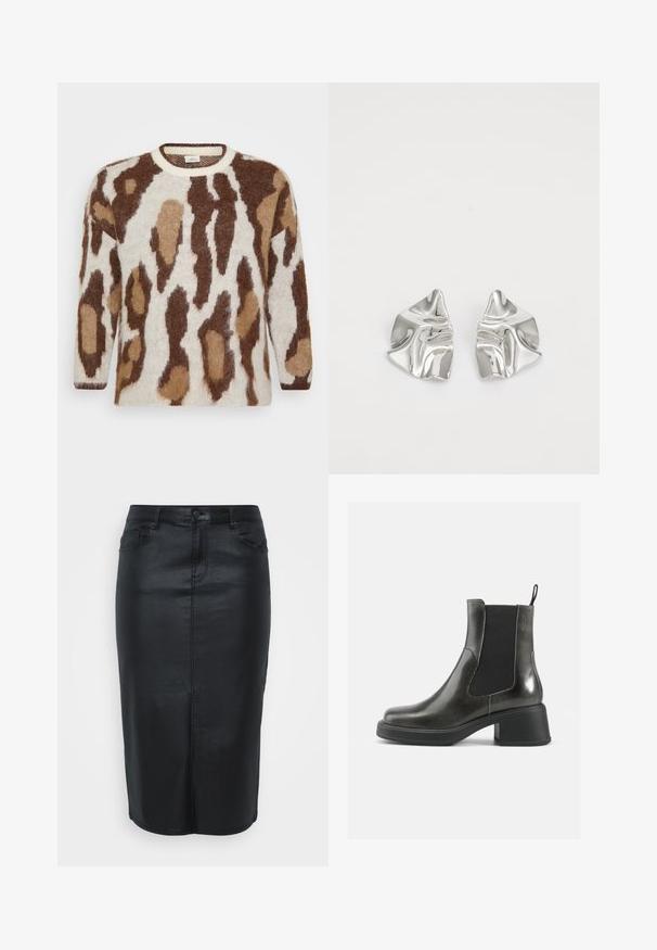 Knit sweater featuring a cream base with brown and tan animal print. Round neckline, long sleeves, soft texture, and relaxed fit.; Black denim pencil skirt with a high waist, five-pocket design, and front button closure. Smooth texture and knee-length cut.; Black leather ankle boots with a smooth finish, elastic side panels, and a chunky heel. Features a pull tab for easier wear.; Silver metal earrings with a wavy, sculptural design featuring a polished finish and irregular shapes, highlighting a contemporary aesthetic.