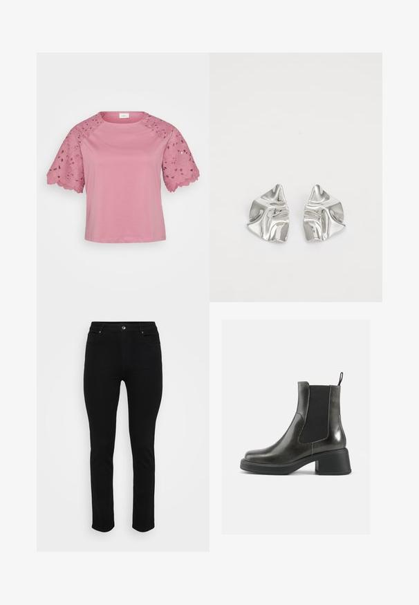 Strikkegenser med en kremfarget base og brune og tan dyremønstre. Rund halsutringning, lange ermer, myk tekstur og løs passform.; Rosa kortermet topp med en ensfarget kropp og intrikate blonde detaljer på ermene som har blomster mønstre og bølgete kanter.; Sorte denim jeans med slim fit, fem-lomme design, front knappelukking og lett stretch for komfort. Flat, jevn tekstur med minimal detaljer.; Sorte ankelstøvler i svart lær med glatt overflate, elastiske sidepaneler og en kraftig hæl. Har en løftestrop for enklere påkledning.; Sølvmetall øredobber med et bølgete, skulpturelt design, preget av en polert finish og uregelmessige former, som fremhever en moderne estetikk.