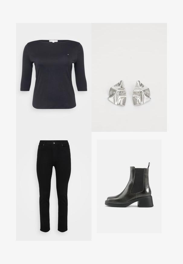 Kootud sviiter, millel on kreemjas alus ja pruunikad ning beežid loomiprindid. Ümar kaelus, pikad varrukad, pehme tekstuur ja vabalt istuv lõige.; Must have kolmeveerandi varrukatega must siledast puuvillakangast top. Omab paadi kaelust ja väikest logo detaili rinnal.; Mustad denim teksad, millel on kitsas lõige, viie tasku disain, esine nööbiga kinnitamine ning kerge elastaan venitamiseks mugavuse tagamiseks. Lame, sile pind ja minimaalne detailide arv.; Mustad musta nahast pahkluu saapad siledast viimistlusest, elastsete külgpanelidega ja jämeda kontsaga. Omavad tõmbenööri, et neid oleks lihtsam jalga panna.; Hõbedased metallkõrvarõngad lainelise, skulpturaalse disainiga, millel on poleeritud viimistlus ja ebaregulaarsed kujundid, rõhutades kaasaegset esteetikat.