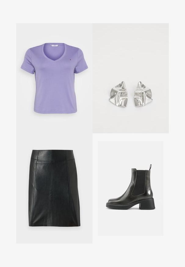 Adīta džemperis ar krēmīgu pamatu un brūnu un brūnganu dzīvnieku rakstu. Apaļš izgriezums, garas piedurknes, mīksta tekstūra un brīvs piegriezums.; V-veida purpura t-kreklis, kas izgatavots no mīksta kokvilnas, ar īsām piedurknēm un nelielu logotipa akcentu kreisajā krūšu pusē. Vienkāršs dizains.; Melnas ādas svārki ar pieguļošu dizainu. Gluda tekstūra, šuves izceļ formu un taisna apakšmalu. Minimālistiska un eleganta izskata.; Melni ādas potītes zābaki ar gludu apdari, elastīgu sānu paneļu un masīvu papēdi. Aprīkoti ar cilpu, kas atvieglo uzvilkšanu.; Sudraba metāla auskari ar viļņainu, skulpturālu dizainu, kas izceļas ar pulētu apdari un neregulārām formām, uzsverot mūsdienīgu estētiku.