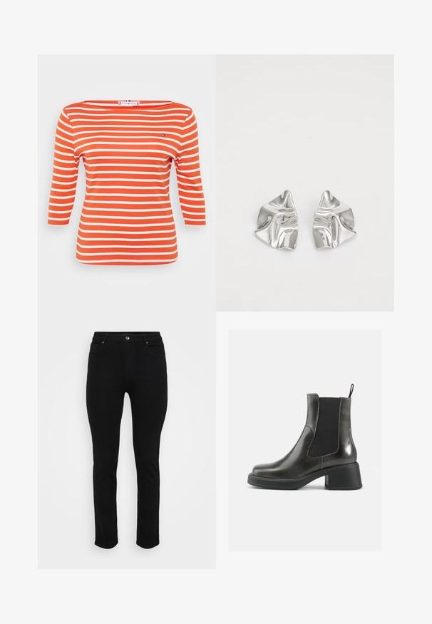 Striktrøje med en cremet bund og brune samt tan dyreprint. Rund hals, lange ærmer, blød tekstur og afslappet pasform.; Stribet top med trekvartærmer, lavet af blødt orange bomuld med brede hvide striber, en båd-halsudskæring og en lille logoaccent.; Sorte denimjeans med slim fit, fem-lomme design, frontknaplukning og let stræk for komfort. Flad, glat tekstur med minimal dekoration.; Sorte læder ankelstøvler med en glat finish, elastiske sidepaneler og en kraftig hæl. Har en strop for nemmere påtagning.; Sølvmetal øreringe med et bølgende, skulpturelt design, der har en poleret overflade og uregelmæssige former, hvilket fremhæver en moderne æstetik.