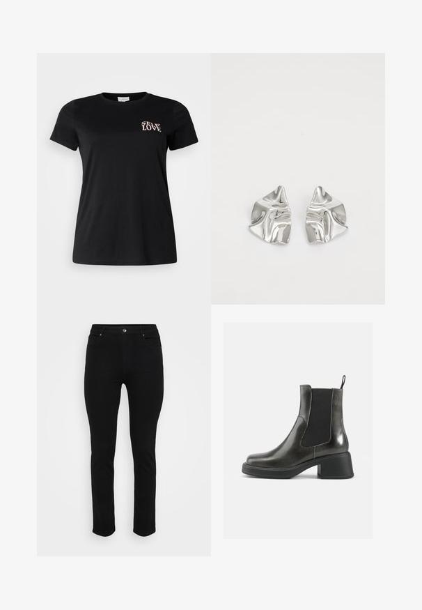 Strikkegenser med en kremfarget base og brune og tan dyremønstre. Rund halsutringning, lange ermer, myk tekstur og løs passform.; Svart bomull t-skjorte med korte ermer og rund hals. Har teksten "SELF LOVE" i lys rosa på øvre venstre side.; Sorte denim jeans med slim fit, fem-lomme design, front knappelukking og lett stretch for komfort. Flat, jevn tekstur med minimal detaljer.; Sorte ankelstøvler i svart lær med glatt overflate, elastiske sidepaneler og en kraftig hæl. Har en løftestrop for enklere påkledning.; Sølvmetall øredobber med et bølgete, skulpturelt design, preget av en polert finish og uregelmessige former, som fremhever en moderne estetikk.