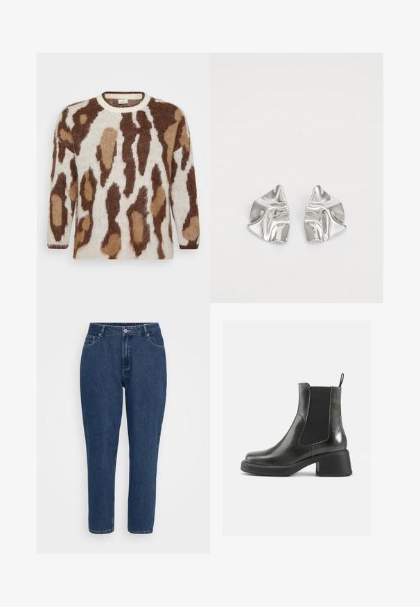 Gebreide trui met een crèmekleurige basis en een bruin en tan dierenprint. Ronde halslijn, lange mouwen, zachte textuur en een ontspannen pasvorm.; Donkerblauwe hoge taille rechte spijkerbroek met zijzakken, riemlussen, metalen knoop en ritssluiting op een witte achtergrond.; Zwarte leren enkellaarzen met een gladde afwerking, elastische zijpanelen en een zware hak. Voorzien van een lus voor gemakkelijker aan- en uittrekken.; Zilveren metalen oorbellen met een golvend, sculpturaal ontwerp, voorzien van een gepolijste afwerking en onregelmatige vormen, die een hedendaagse esthetiek benadrukken.