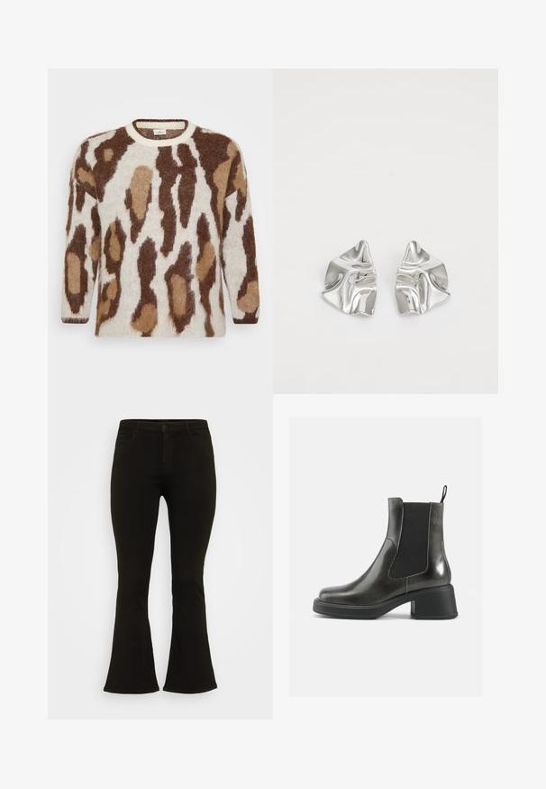 Adīta džemperis ar krēmīgu pamatu un brūnu un brūnganu dzīvnieku rakstu. Apaļš izgriezums, garas piedurknes, mīksta tekstūra un brīvs piegriezums.; Melni platlejas džinsi, kas izgatavoti no kokvilnas auduma, ar pogu aizdari, piecām kabatām un gludu tekstūru. Veiktas pielāgotas pieguļošas formas ar platām jostasvietām.; Melni ādas potītes zābaki ar gludu apdari, elastīgu sānu paneļu un masīvu papēdi. Aprīkoti ar cilpu, kas atvieglo uzvilkšanu.; Sudraba metāla auskari ar viļņainu, skulpturālu dizainu, kas izceļas ar pulētu apdari un neregulārām formām, uzsverot mūsdienīgu estētiku.