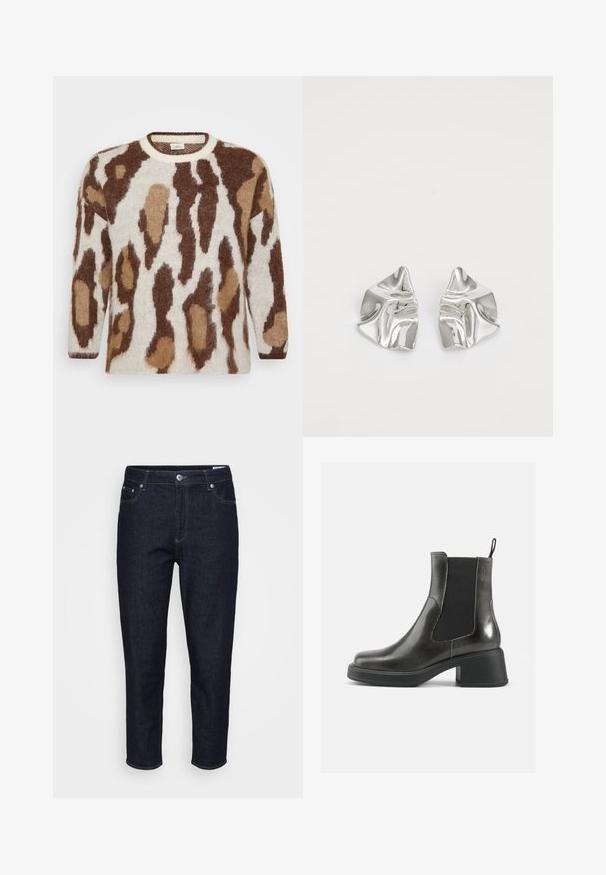 Strikkegenser med en kremfarget base og brune og tan dyremønstre. Rund halsutringning, lange ermer, myk tekstur og løs passform.; Straight-leg mørkeblå denimjeans med frontlommer, bæltestropper og lukning med knap foran, vist mot en neutral bakgrunn.; Sorte ankelstøvler i svart lær med glatt overflate, elastiske sidepaneler og en kraftig hæl. Har en løftestrop for enklere påkledning.; Sølvmetall øredobber med et bølgete, skulpturelt design, preget av en polert finish og uregelmessige former, som fremhever en moderne estetikk.
