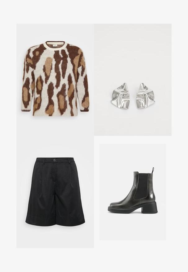 Suéter de malha com base creme e padrão de animais em castanho e bege. Decote redondo, mangas longas, textura suave e corte descontraído.; Calções pretos com um tecido texturizado, apresentando um fecho frontal por botão, pregas, bainha dobrada e bolsos laterais.; Botas de tornozelo em couro negro com um acabamento liso, painéis laterais elásticos e um salto robusto. Apresentam uma alça na parte de trás para facilitar o calçar.; Brincos de metal prateado com um design ondulante e escultural, apresentando um acabamento polido e formas irregulares, destacando uma estética contemporânea.