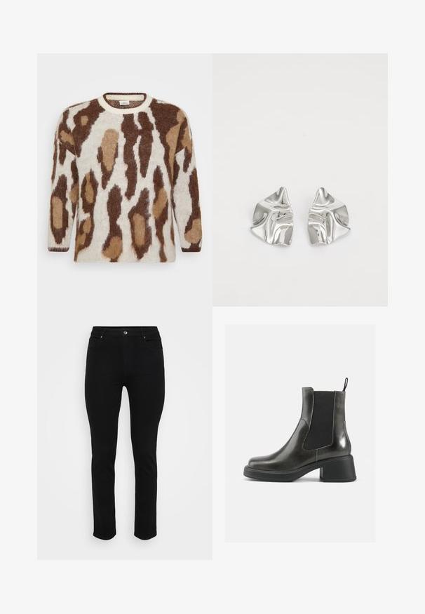 Knit sweater featuring a cream base with brown and tan animal print. Round neckline, long sleeves, soft texture, and relaxed fit.; Black denim jeans with a slim fit, five-pocket design, front button closure, and slight stretch for comfort. Flat, smooth texture with minimal detailing.; Black leather ankle boots with a smooth finish, elastic side panels, and a chunky heel. Features a pull tab for easier wear.; Silver metal earrings with a wavy, sculptural design featuring a polished finish and irregular shapes, highlighting a contemporary aesthetic.