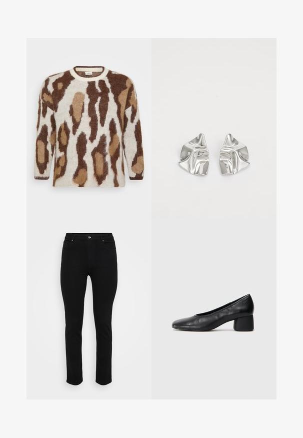 Adīta džemperis ar krēmīgu pamatu un brūnu un brūnganu dzīvnieku rakstu. Apaļš izgriezums, garas piedurknes, mīksta tekstūra un brīvs piegriezums.; Melnas džinsus ar šauru piegriezumu, piecu kabatu dizainu, priekšējo pogu aizdari un vieglu stiepšanos komfortam. Gluda, izlīdzināta tekstūra ar minimālu dekoru.; Melna ādas kurpe ar noapaļotu purngalu un vidēja izmēra blokkāju. Gluda tekstūra ar minimāliem dekoriem, ar delikātu elastīgu atveri.; Sudraba metāla auskari ar viļņainu, skulpturālu dizainu, kas izceļas ar pulētu apdari un neregulārām formām, uzsverot mūsdienīgu estētiku.