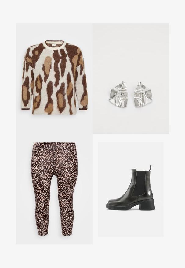 Suéter de malha com base creme e padrão de animais em castanho e bege. Decote redondo, mangas longas, textura suave e corte descontraído.; Leggings de padrão de leopardo com um design ajustado, cintura elástica, textura suave e um fundo bege claro com manchas castanhas escuras.; Botas de tornozelo em couro negro com um acabamento liso, painéis laterais elásticos e um salto robusto. Apresentam uma alça na parte de trás para facilitar o calçar.; Brincos de metal prateado com um design ondulante e escultural, apresentando um acabamento polido e formas irregulares, destacando uma estética contemporânea.