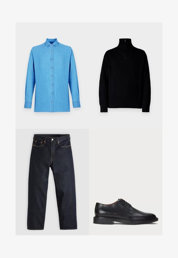 Pulover negru cu guler înalt, cu textură canelată și fermoar pe jumătate la guler, având mâneci lungi și o croială lejeră. Textura este moale și groasă.; Cămașă albastru deschis, cu nasturi, confecționată din țesătură denim. Are guler clasic, mâneci lungi și un mic logo brodat pe piept.; Jeans de denim albastru închis, cu croială dreaptă, cinci buzunare, cusături contrastante de portocaliu și fermoar cu buton. Fără modele sau embellishments vizibile.; Pantofle din piele neagră cu vârful rotund, design cu șireturi și toc jos stratificat. Textură netedă cu detalii de cusătură minime.