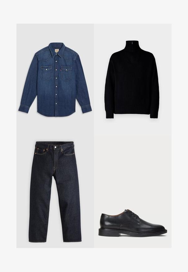 Maglione a collo alto nero a coste con mezza zip al collo, caratterizzato da maniche lunghe e una vestibilità comoda. La texture è morbida e spessa.; Camicia in denim blu scuro con maniche lunghe, colletto a punta, bottoni a pressione bianchi e due tasche sul petto. Presenta dettagli cuciti sulle spalle.; T-shirt bianca in cotone con maniche corte, scollo rotondo e un sottile logo "Levi's" stampato in colore chiaro sul davanti.; Jeans in denim blu scuro con taglio dritto, cinque tasche, cuciture arancioni a contrasto e chiusura con bottone. Nessun motivo o decorazione visibile.; Scarpa da uomo in pelle nera con punta rotonda, design con lacci e tacco basso impilato. Texture liscia con dettagli di cucitura minimi.