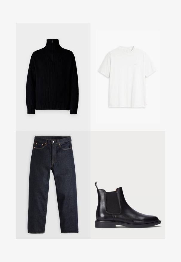 Czarny sweter z golfem o prążkowanej struktury z połową suwaka przy kołnierzu, z długimi rękawami i luźnym krojem. Tekstura jest miękka i gruba.; Biała bawełniana koszulka z krótkim rękawem, okrągłym dekoltem i dyskretnym logo Levi's nadrukowanym na środku. Miękka tekstura i standardowy krój.; Granatowe dżinsy w prostym kroju, z pięcioma kieszeniami, kontrastującymi pomarańczowymi szwami oraz zapięciem na guzik. Brak widocznych wzorów lub zdobień.; Czarne skórzane botki Chelsea z elastycznymi panelami bocznymi, teksturowanym wykończeniem, okrągłym noskiem i niskim, warstwowym obcasem. Posiadają pętelkę ułatwiającą zakładanie.