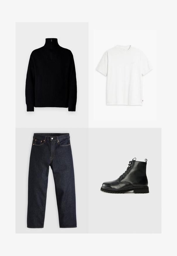 Pull en maille côtelée noir avec un demi-fermeture éclair au col, doté de manches longues et d'une coupe décontractée. La texture est douce et épaisse.; T-shirt en coton blanc à manches courtes, col rond, avec un logo "Levi's" discret imprimé en couleur claire sur le devant.; Jean en denim bleu foncé avec une coupe droite, cinq poches, des coutures orange contrastantes et une fermeture à boutons. Pas de motifs ou d'ornements visibles.; Botte noire en cuir à la cheville avec un bout rond, lacets sur le devant et semelle en caoutchouc texturée. Présente une languette au talon et des coutures contrastantes.