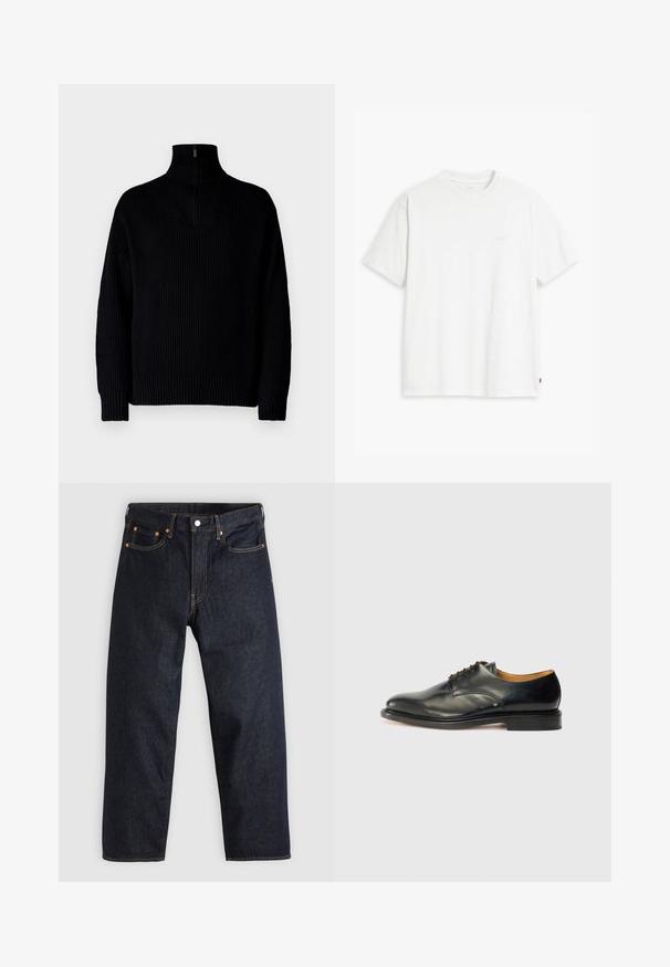 Must mustriba kaelusega must särk, millel on pooltõmblemine kaeluses, pikkade varrukatega ja lõdva istuvusega. Tekstuur on pehme ja jäme.; Valge puuvillane t-särk lühikeste varrukatega, ümmargune kaelus ja peene Levi'si logo trükituna keskel. Pehme tekstuur ja standardne istuvus.; Tumedad sinised teksad sirge lõikega, viie taskuga, kontrastsete oranžide õmblustega ja nööpide kinnitusega. Ilma nähtavate mustrite või kaunistusteta.; Must musta kingad, millel on sile pind, ümar nina ja minimaalne paelamine. Omab peent disaini ja madalat, tugevat kummist tallat.