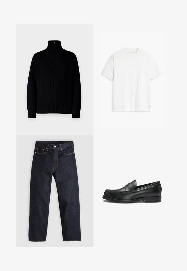 Fekete bordázott garbó pulóver fél cipzárral a gallérnál, hosszú ujjakkal és laza szabással. A textúrája puha és vastag.; Fehér pamut póló rövid ujjakkal, kerek nyakkal és diszkrét Levi's logóval a középen. Puha tapintású és szabványos szabású.; Sötétkék farmernadrág egyenes szabással, öt zsebbel, kontrasztos narancssárga varrással és gombos záródással. Nem látható rajta mintázat vagy díszítés.; Fekete bőr loaferek kerek orral és varrott részletezéssel, díszes pánttal a felső részen és alacsony sarokkal.