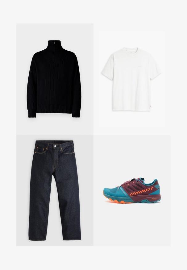 Melnā, ribiņota turtleneck džemperis ar pusi rāvējslēdzēju apkaklē, garām piedurknēm un brīvu piegriezumu. Audums ir mīksts un masīvs.; Balts kokvilnas T-krekls ar īsām piedurknēm un apaļu kakla izgriezumu, priekšpusē redzama smalka gaišas krāsas "Levi's" logo.; Tumši zili džinsi ar taisnu piegriezumu, piecām kabatām, kontrastējošiem apelsīnu diegiem un ar pogu aizdari. Nav redzamu rakstu vai rotājumu.; Tīļš un purpursarkanas skriešanas apavi ar teksturētu virsotni, oranžiem akcentiem, plūdlīnijas dizainu un ātru piesaistes sistēmu.