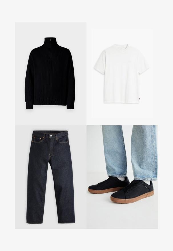 Suéter negro de cuello alto de canalé con media cremallera en el cuello, presenta mangas largas y un ajuste relajado. La textura es suave y gruesa.; Camiseta de algodón blanca con mangas cortas, cuello redondo y sutil logo de Levi's impreso en el centro. Textura suave y ajuste estándar.; Jeans de denim azul oscuro con corte recto, cinco bolsillos, costuras en naranja contrastante y cierre de botón. Sin patrones ni adornos visibles.; Zapatillas negras con una textura suave y suelas de goma marrón. Diseño de cordones con perforaciones sutiles y una silueta esbelta.