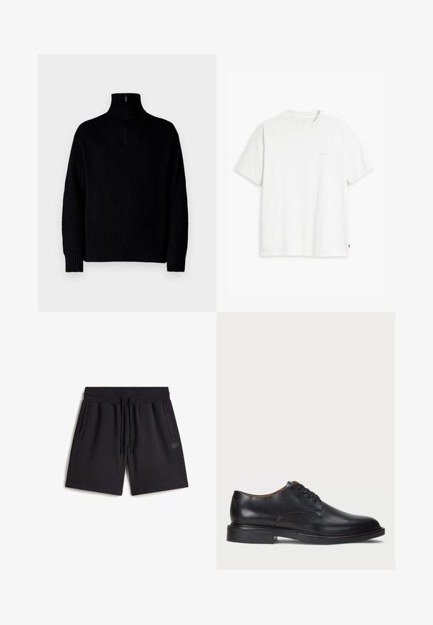 Schwarzer gerippter Rollkragenpullover mit einem Halb-Reißverschluss am Kragen, langärmlig und in lässiger Passform. Die Textur ist weich und grob.; Weißes Baumwoll-T-Shirt mit kurzen Ärmeln, Rundhalsausschnitt und dezentem Levi's-Logo in der Mitte. Weicher Stoff und normale Passform.; Schwarze Sweatshorts aus Baumwollmischgewebe. Ausgestattet mit einem elastischen Taillenbund mit Zugband, Seitentaschen und einem kleinen Logopatch.; Schwarze Lederdressschuhe mit runder Zehenform, Schnürdesign und niedrigem gestapeltem Absatz. Glatte Textur mit minimalen Nähten.
