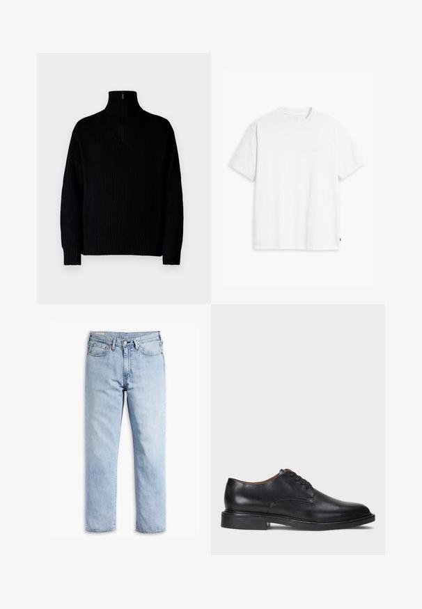 Musta ribbed turtleneck-neulepaita, jossa on puolivetoketju kauluksessa, pitkät hihat ja rento istuvuus. Tekstuuri on pehmeä ja paksu.; Valkoinen puuvillainen t-paita, jossa on lyhyet hihat, pyöreä pääntie ja etupuolella vaalealla värillä painettu hillitty "Levi's"-logo.; Vaaleansiniset farkut, joissa on suora lahkeiden muotoilu, viisi taskua ja vahvat tikkaus yksityiskohdat. Varustettu vetoketjulla ja metallinappilla.; Musta nahkakenkä, jossa on pyöreä varvas, nauhakiinnitys ja matala tukipohja. Tasainen pinta, jossa on minimaalinen ommeltu yksityiskohta.