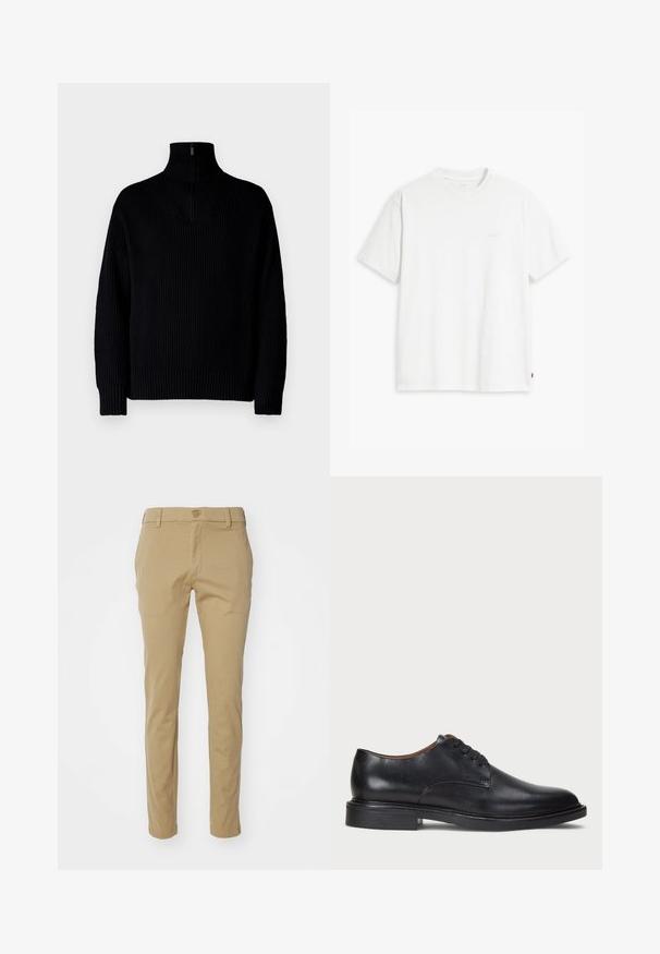 Maglione a collo alto nero a coste con mezza zip al collo, caratterizzato da maniche lunghe e una vestibilità comoda. La texture è morbida e spessa.; T-shirt bianca in cotone con maniche corte, colletto tondo e logo Levi's discreto stampato al centro. Texture morbida e vestibilità standard.; Pantaloni color khaki realizzati in cotone leggero, con un design slim-fit, texture liscia e vita standard con chiusura a bottone superiore.; Scarpa da uomo in pelle nera con punta rotonda, design con lacci e tacco basso impilato. Texture liscia con dettagli di cucitura minimi.