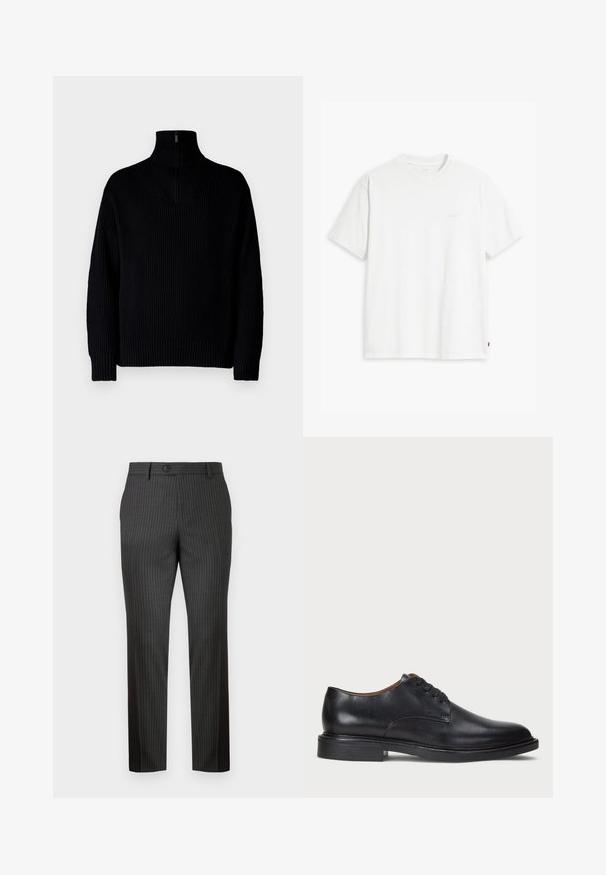 Black ribbed turtleneck sweater with a half-zip at the collar, featuring long sleeves and a relaxed fit. The texture is soft and chunky.; White cotton t-shirt with short sleeves, round neckline, and a subtle "Levi's" logo printed in light color on the front.; Gray pinstriped trousers made of fabric with a smooth texture. Features a front button closure and straight-leg design for a tailored fit.; Black leather dress shoe with a round toe, lace-up design, and a low stacked heel. Smooth texture with minimal stitching details.