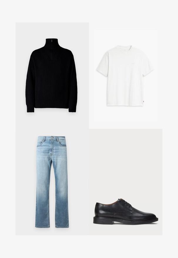 Suéter negro de cuello alto de canalé con media cremallera en el cuello, presenta mangas largas y un ajuste relajado. La textura es suave y gruesa.; Camiseta de algodón blanca con mangas cortas, cuello redondo y sutil logo de Levi's impreso en el centro. Textura suave y ajuste estándar.; Vaqueros de denim azul claro con un diseño de pierna recta, que presentan desgastes a lo largo de los muslos, dos bolsillos frontales y un cierre clásico de botón.; Zapato de vestir de cuero negro con punta redonda, diseño con cordones y un tacón bajo apilado. Textura lisa con detalles de costura mínimos.