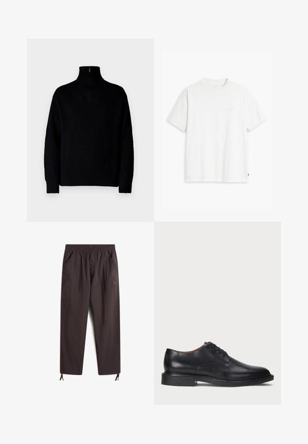 Musta ribbed turtleneck-neulepaita, jossa on puolivetoketju kauluksessa, pitkät hihat ja rento istuvuus. Tekstuuri on pehmeä ja paksu.; Valkoinen puuvillapaita, jossa on lyhyet hihat, pyöreä pääntie ja hienovarainen Levi's-logo painettuna keskelle. Pehmeä kangas ja normaali istuvuus.; Tummanruskeat, kevyet, joustavat vyötäröhousut, joissa on kaksi sivutaskua, kapeat lahkeet ja säädettävät nyörit lahkeensuissa.; Musta nahkakenkä, jossa on pyöreä varvas, nauhakiinnitys ja matala tukipohja. Tasainen pinta, jossa on minimaalinen ommeltu yksityiskohta.
