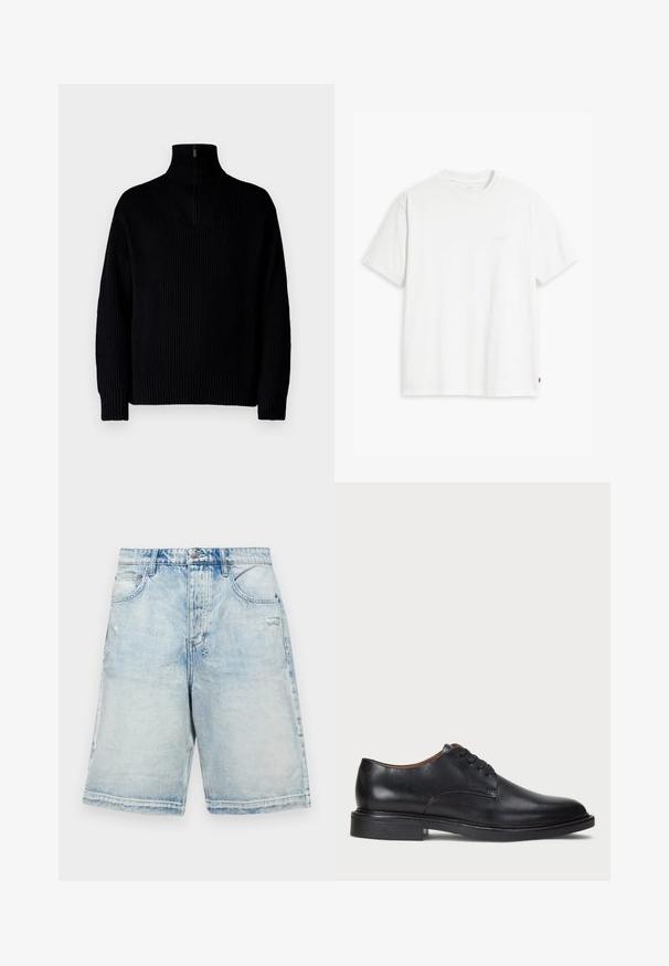 Černý žebrovaný rolák s polovičním zipem na límci, dlouhé rukávy a volný střih. Textura je měkká a hrubá.; Bílé bavlněné tričko s krátkými rukávy, kulatým výstřihem a jemným logem "Levi's" tištěným světle barvou na přední straně.; Svetle modré denimové kraťasy s uvolněným střihem, které mají pět kapes, opraný design a prošité detaily.; Černé kožené společenské boty s kulatou špičkou, šněrováním a nízkým podpatkem. Hladký povrch s minimálním šitím.