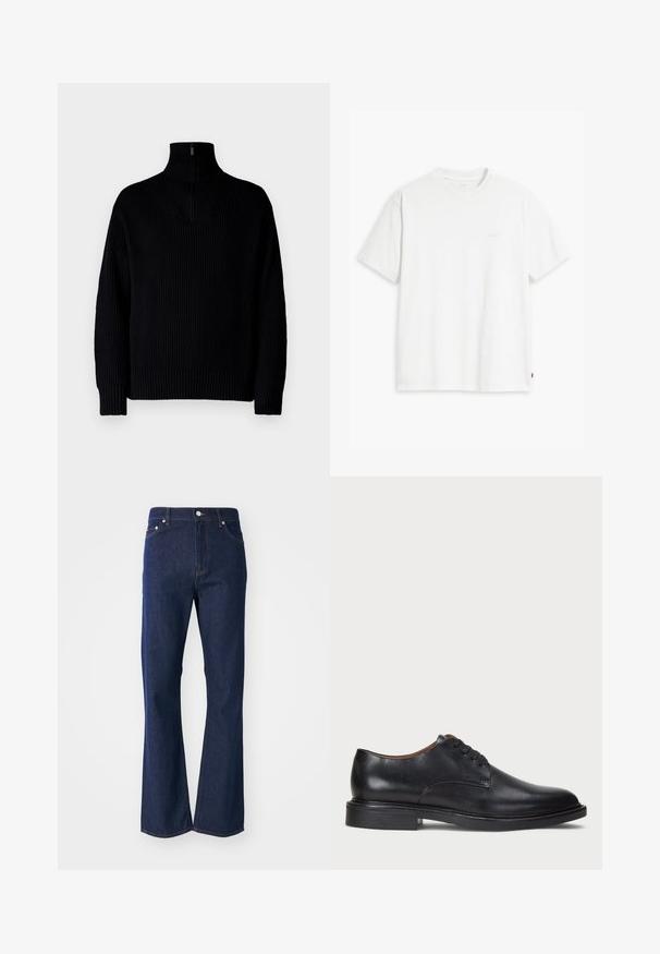 Pull en maille côtelée noir avec un demi-fermeture éclair au col, doté de manches longues et d'une coupe décontractée. La texture est douce et épaisse.; T-shirt en coton blanc à manches courtes, col rond, avec un logo "Levi's" discret imprimé en couleur claire sur le devant.; Jeans évasés de couleur bleu foncé en denim. Comprend cinq poches, une fermeture éclair à l'avant et un bouton métallique. Accents de couture classique.; Chaussure de ville en cuir noir avec un bout rond, un laçage et un petit talon empilé. Texture lisse avec des détails de couture minimaux.