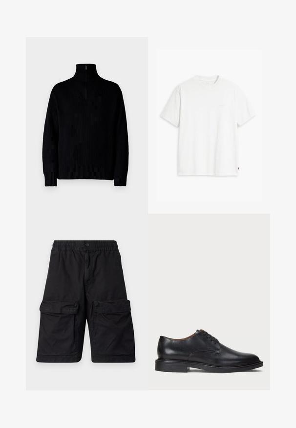 Maglione a collo alto nero a coste con mezza zip al collo, caratterizzato da maniche lunghe e una vestibilità comoda. La texture è morbida e spessa.; T-shirt bianca in cotone con maniche corte, scollo rotondo e un sottile logo "Levi's" stampato in colore chiaro sul davanti.; Shorts neri realizzati in tessuto resistente, con vita elastica, due grandi tasche cargo su ciascun lato e dettagli di cucitura.; Scarpa da uomo in pelle nera con punta rotonda, design con lacci e tacco basso impilato. Texture liscia con dettagli di cucitura minimi.
