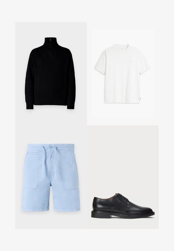 Musta ribbed turtleneck-neulepaita, jossa on puolivetoketju kauluksessa, pitkät hihat ja rento istuvuus. Tekstuuri on pehmeä ja paksu.; Valkoinen puuvillainen t-paita, jossa on lyhyet hihat, pyöreä pääntie ja etupuolella vaalealla värillä painettu hillitty "Levi's"-logo.; Vaaleansiniset puuvillahousut, joissa on nyörivyö, kaksi etutaskua ja sileä pinta. Perusdesign, jossa on minimisti yksityiskohtia.; Musta nahkakenkä, jossa on pyöreä varvas, nauhakiinnitys ja matala tukipohja. Tasainen pinta, jossa on minimaalinen ommeltu yksityiskohta.