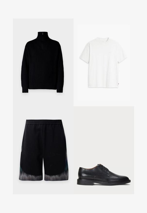 Black ribbed turtleneck sweater with a half-zip at the collar, featuring long sleeves and a relaxed fit. The texture is soft and chunky.; White cotton t-shirt with short sleeves, round neckline, and a subtle "Levi's" logo printed in light color on the front.; Black athletic shorts with an elastic waistband and zigzag patterned hem in teal, gray, and black. Material appears soft and lightweight.; Black leather dress shoe with a round toe, lace-up design, and a low stacked heel. Smooth texture with minimal stitching details.