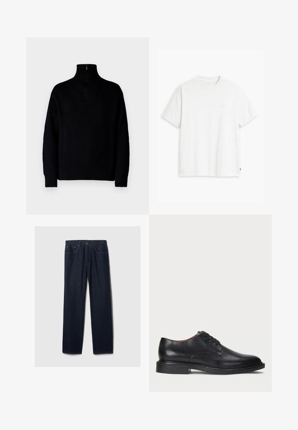 Zwarte geribbelde coltrui met een halve rits bij de kraag, voorzien van lange mouwen en een comfortabele pasvorm. De structuur is zacht en chunky.; Wit katoenen T-shirt met korte mouwen, ronde hals en een subtiel "Levi's" logo in een lichte kleur op de voorkant gedrukt.; Donkerblauwe rechte spijkerbroek met vijf zakken, knoopsluiting en zichtbare stiksels op een effen lichte achtergrond.; Zwart leren dresschoen met een ronde neus, vetersluiting en een lage gestapelde hak. Gladde textuur met minimale stiksels.