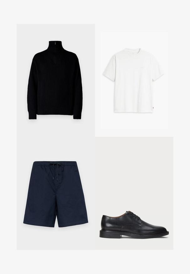 Musta ribbed turtleneck-neulepaita, jossa on puolivetoketju kauluksessa, pitkät hihat ja rento istuvuus. Tekstuuri on pehmeä ja paksu.; Valkoinen puuvillapaita, jossa on lyhyet hihat, pyöreä pääntie ja hienovarainen Levi's-logo painettuna keskelle. Pehmeä kangas ja normaali istuvuus.; Tummansiniset uimaliivit, joissa on joustava vyötärö ja nauhakuulokkeet. Kevyt kangas, jossa on sileä rakenne ilman näkyviä kuvioita tai koristeita.; Musta nahkakenkä, jossa on pyöreä varvas, nauhakiinnitys ja matala tukipohja. Tasainen pinta, jossa on minimaalinen ommeltu yksityiskohta.