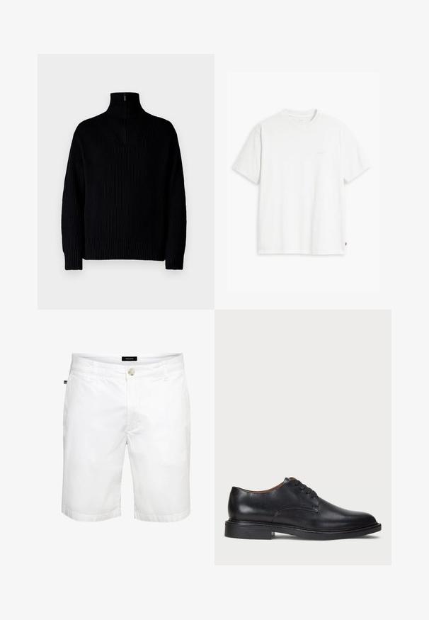 Maglione a collo alto nero a coste con mezza zip al collo, caratterizzato da maniche lunghe e una vestibilità comoda. La texture è morbida e spessa.; T-shirt bianca in cotone con maniche corte, colletto tondo e logo Levi's discreto stampato al centro. Texture morbida e vestibilità standard.; Bermuda bianche in cotone con taglio dritto, dotate di chiusura frontale con bottone e tasche standard, texture liscia e design pulito.; Scarpa da uomo in pelle nera con punta rotonda, design con lacci e tacco basso impilato. Texture liscia con dettagli di cucitura minimi.