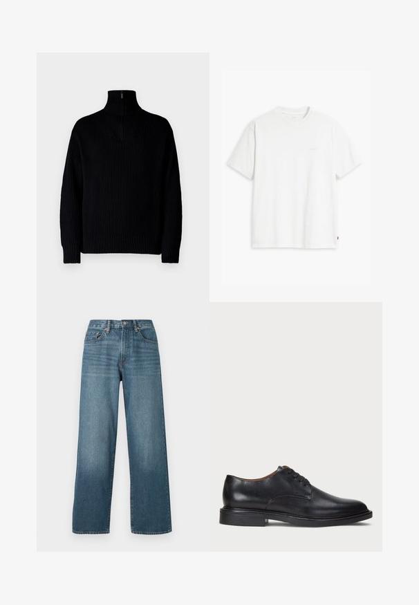 Pulôver preto de gola alta com canelado e fecho de meio zíper na gola, apresentando mangas longas e um corte descontraído. A textura é macia e espessa.; T-shirt de algodão branco com mangas curtas, decote redondo e logo discreto da Levi's impresso no centro. Tecido macio e ajuste padrão.; Calças de ganga de perna larga em denim azul escuro com fecho de botão, passadores de cinto e uma textura desgastada. Apresenta cinco bolsos e costura em contraste.; Sapato de vestido em couro preto com bico redondo, design com atacadores e um salto baixo empilhado. Textura suave com detalhes de costura mínimos.