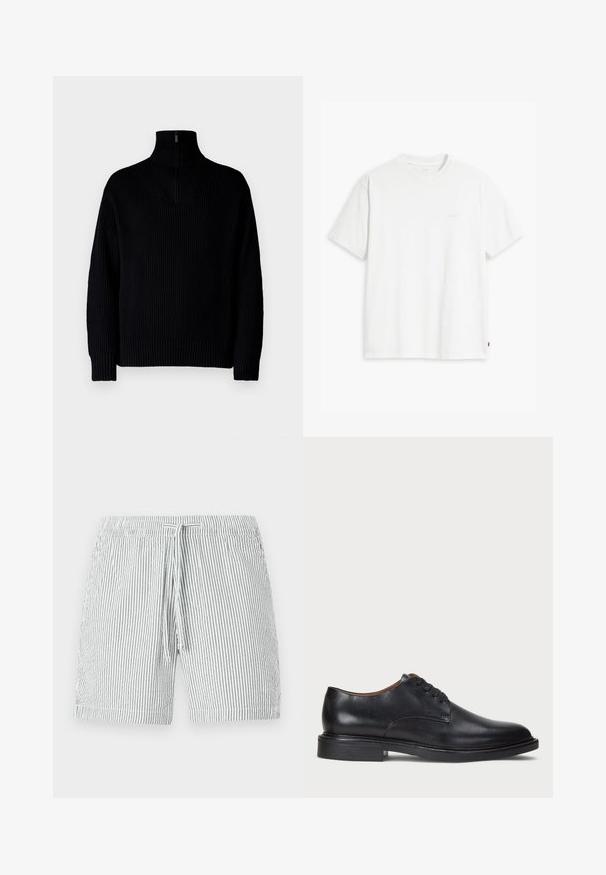 Zwarte geribbelde coltrui met een halve rits bij de kraag, voorzien van lange mouwen en een comfortabele pasvorm. De structuur is zacht en chunky.; Witte katoenen T-shirt met korte mouwen, ronde hals en subtiele Levi's logo gedrukt in het midden. Zachte textuur en standaard pasvorm.; Gestreepte zwembroek in grijs en wit, met een trekkoord in de taille, een middellange snit en zacht, lichtgewicht materiaal.; Zwart leren dresschoen met een ronde neus, vetersluiting en een lage gestapelde hak. Gladde textuur met minimale stiksels.
